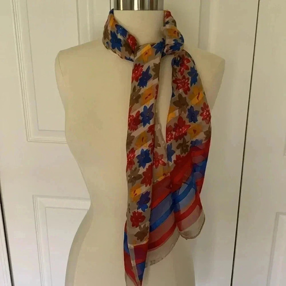 Floral print, silk scarf, red blue, yellow, and tan - Picture 2 of 5